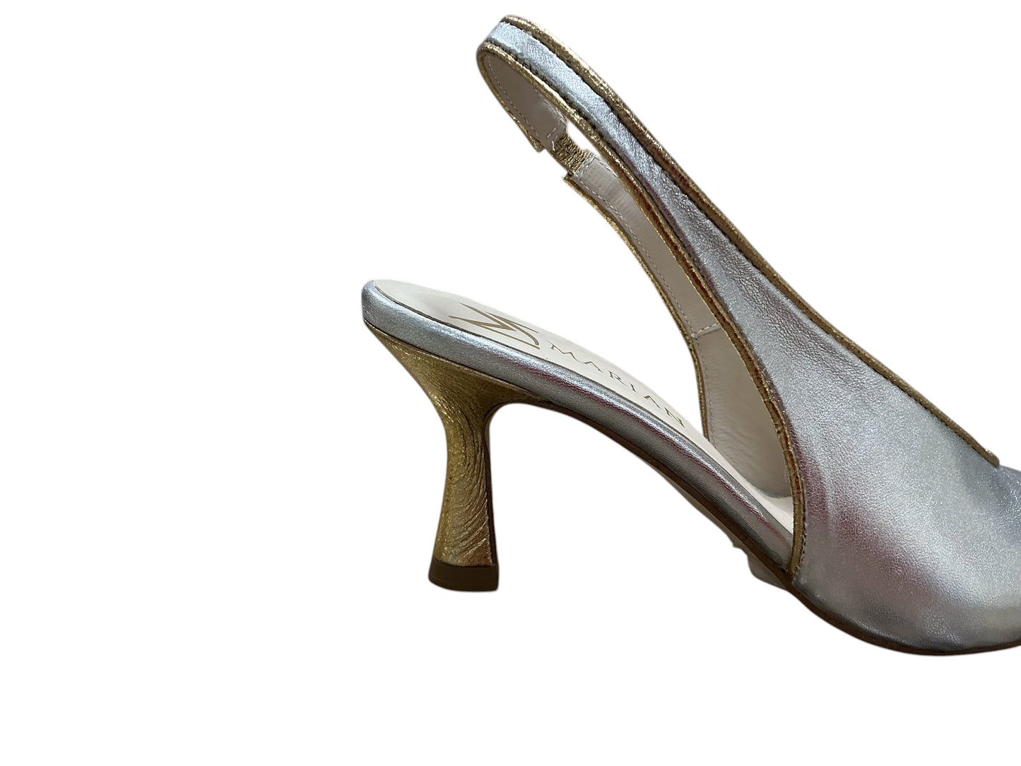 Marian metallic sliver leather open toe slingback heel with gold trim