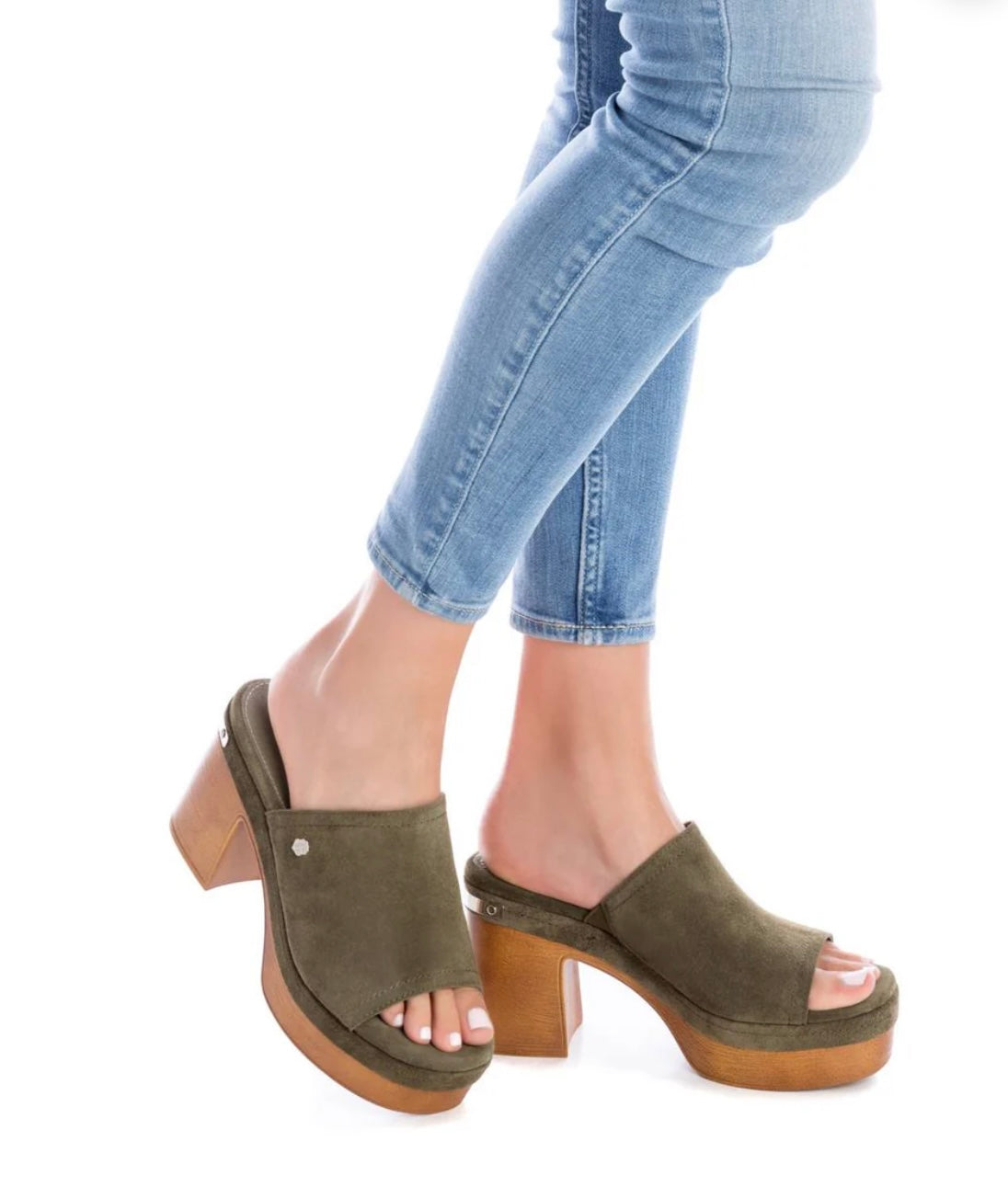 Carmela dark green suede platform mules