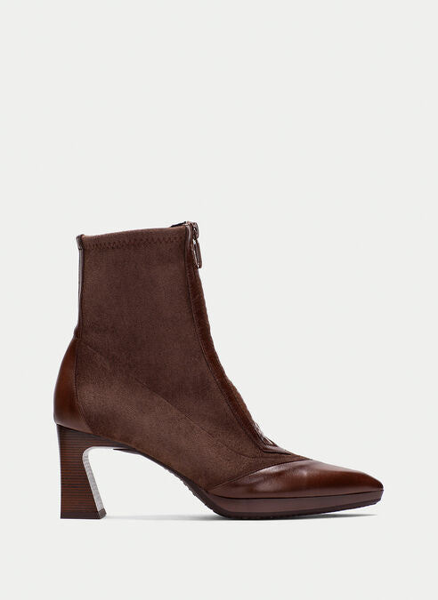 Hispanitas brown leather and stretch fabric pointed toe ankle boots