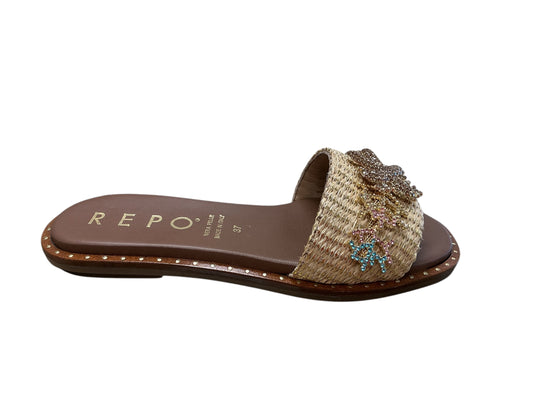 Repo beige leather raffia slide with ornate buckle detail