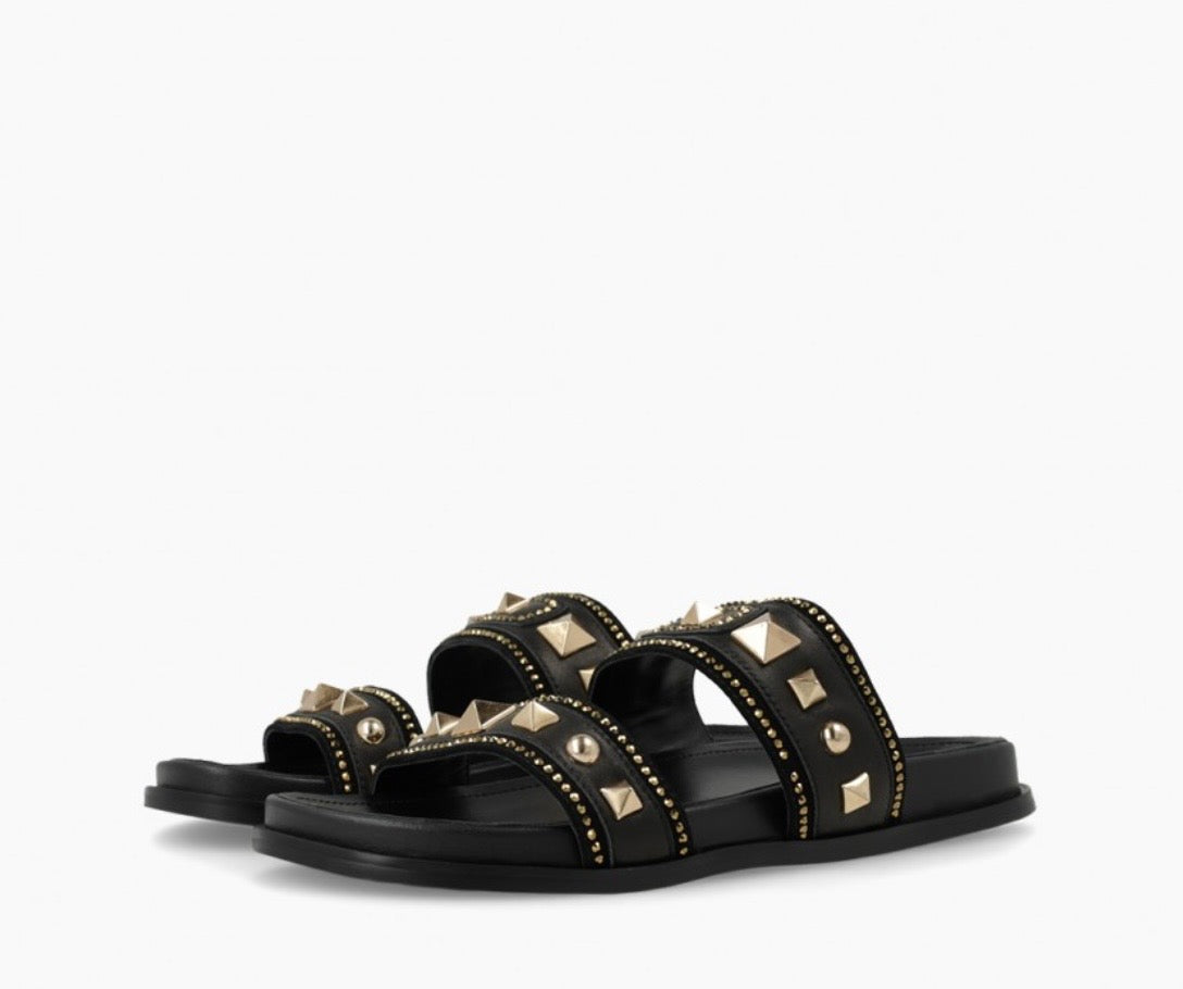 Lodi black leather sandals with gold detailing - Melissakshoes