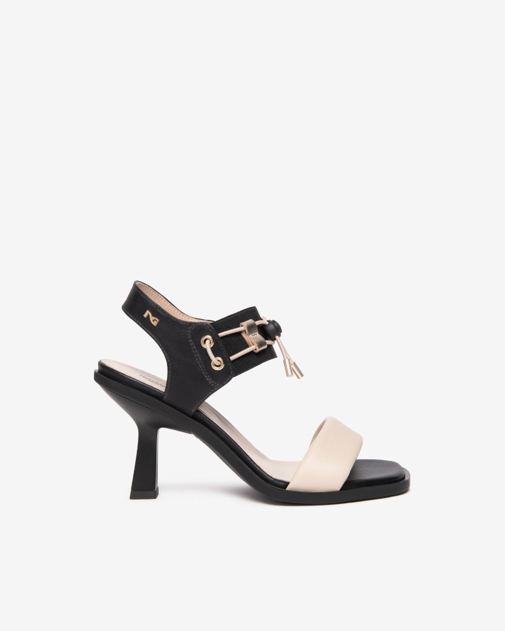 Nerogiardini black and beige leather elasticated strapped sandal