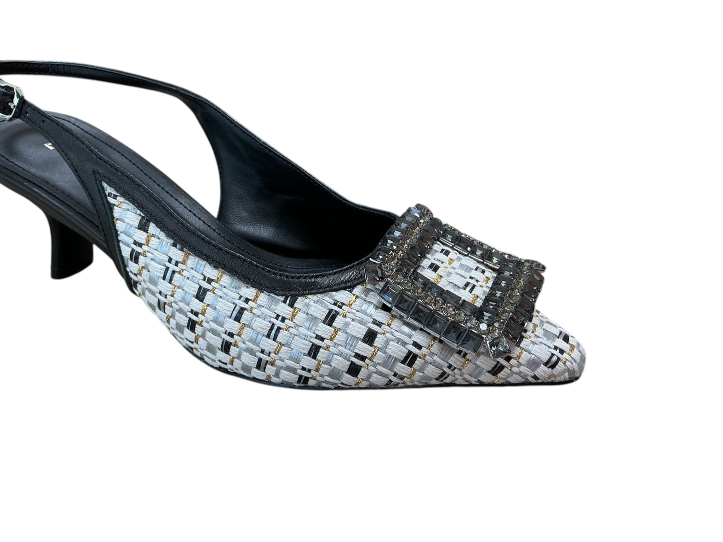 Lodi black leather slingbacks with woven fabric detail