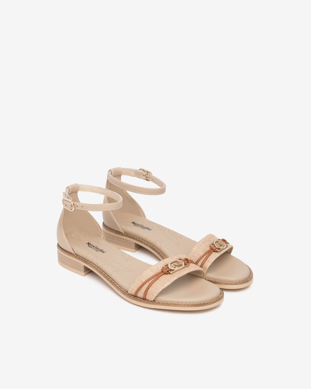 NeroGiardini Cream Leather and Canvas Strappy Sandals