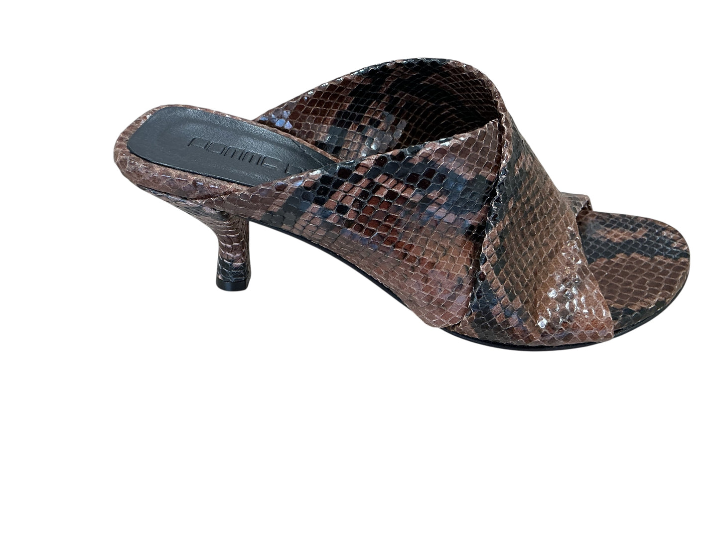 Pomme D’or brown and black leather snake skin kitten heel mule