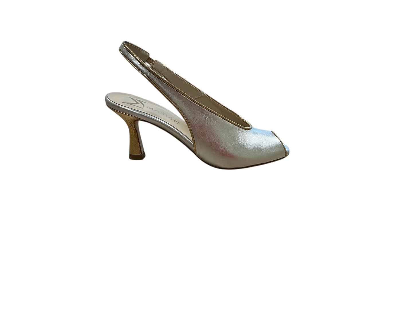 Marian metallic sliver leather open toe slingback heel with gold trim