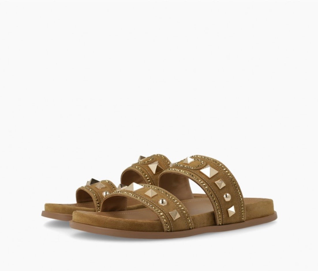Lodi camel suede sandals with gold detailing - Melissakshoes