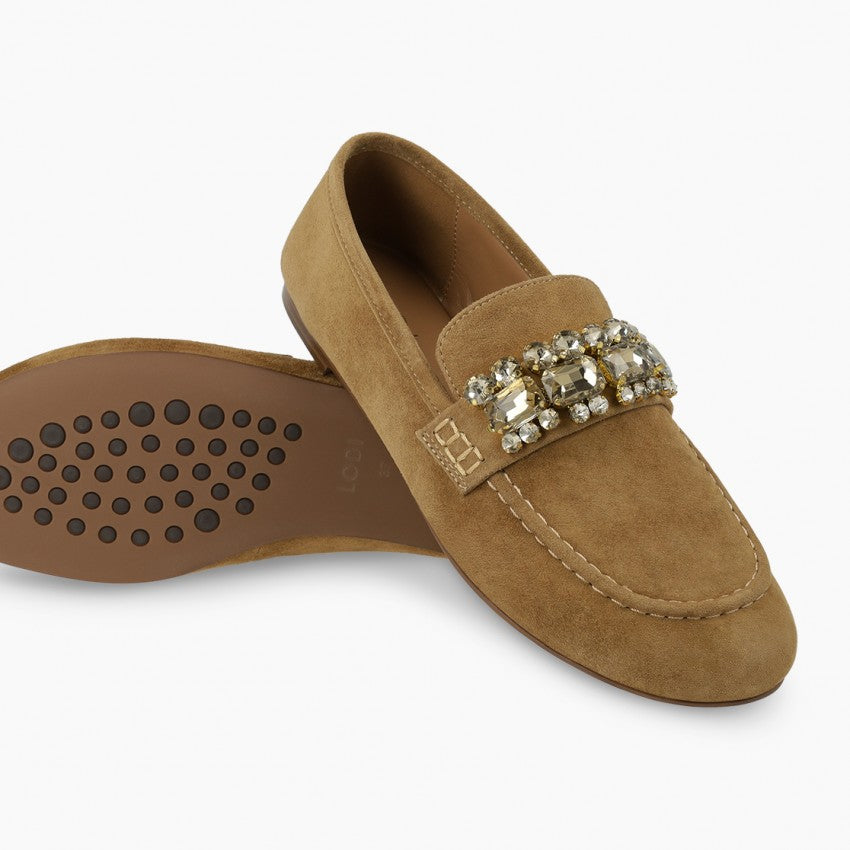 Lodi tan suede loafer with jewel detail