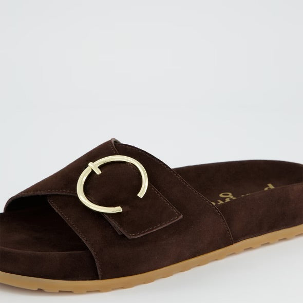 Paul green brown suede leather slide sandal with gold buckle - Melissakshoes