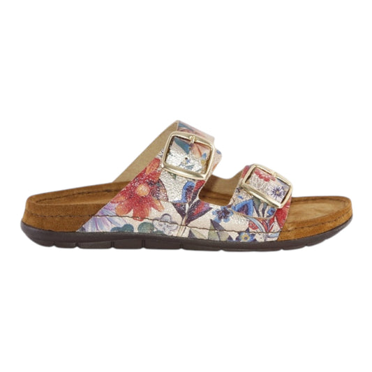 Rohde gold and multi coloured  floral pattern leather mules