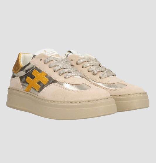 ANOTHER TREND beige gold and mustard platform sneakers