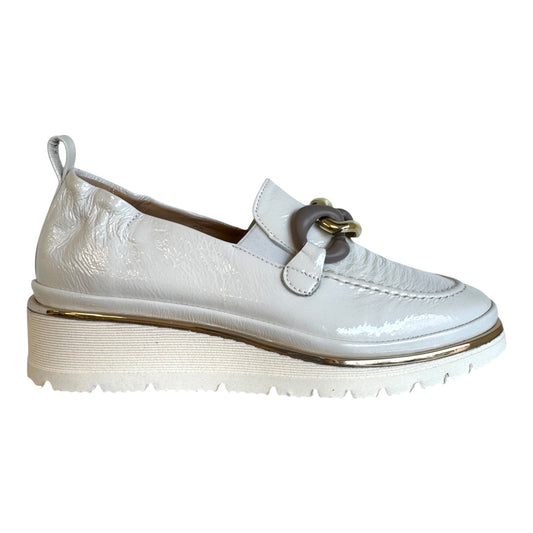 XSA white patent leather wedge moccasins