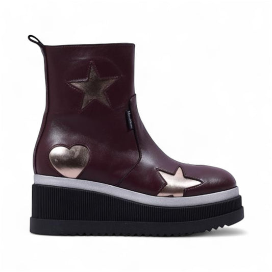 Marco Moreo burgundy leather heart wedge platform ankle boot