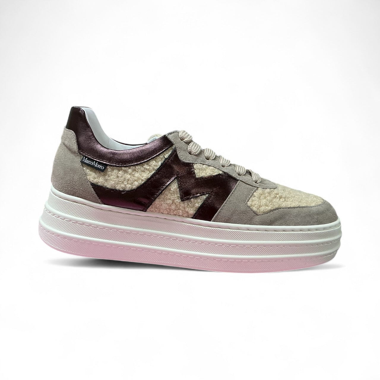 Marco Moreo beige suede & fur platform sneakers with rioga detailing