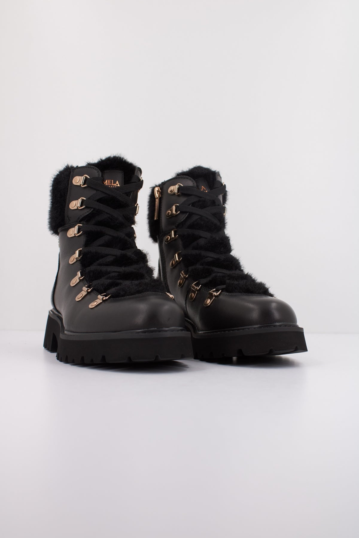 Carmela black leather lace up boots with fur