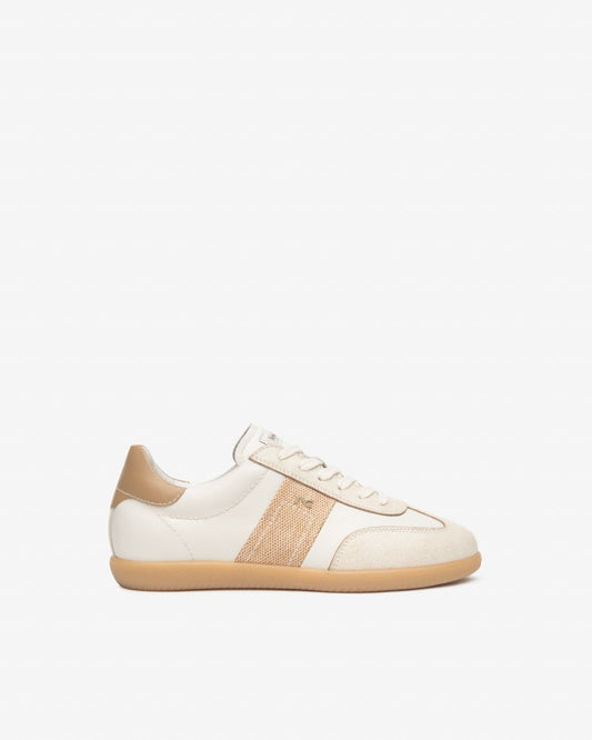 NeroGiardini cream and tan leather and canvas sneakers