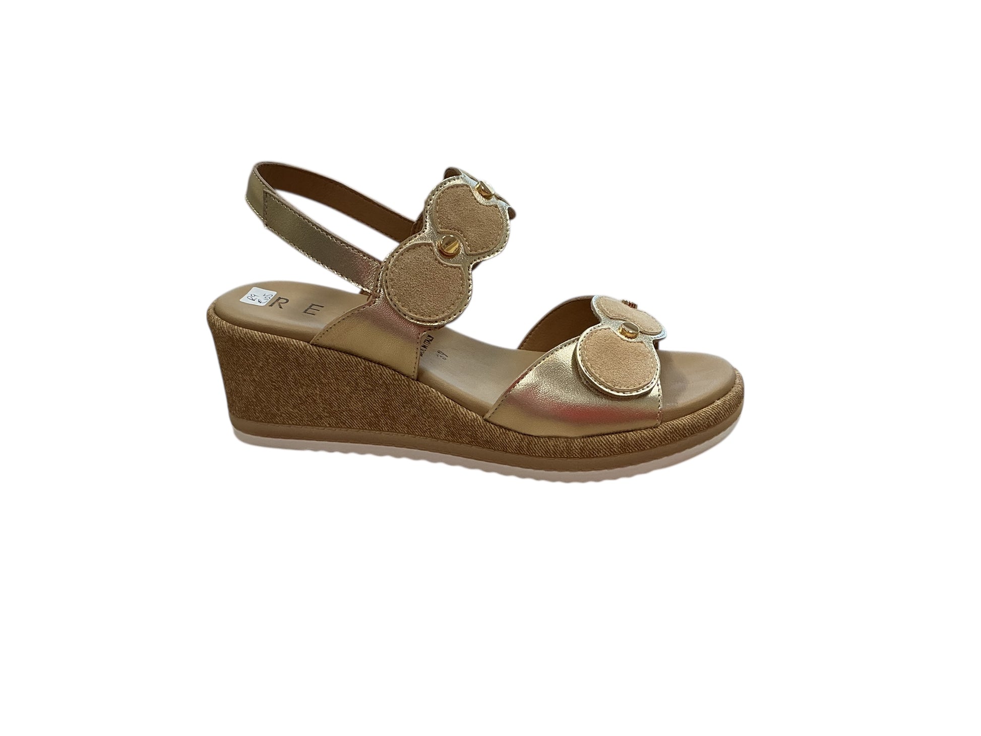 Repo gold leather and beige suede sandal with gold metal detailing - Melissakshoes