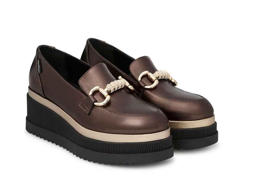 Marco Moreo bronze platform wedge slip on loafer with gold snaffle