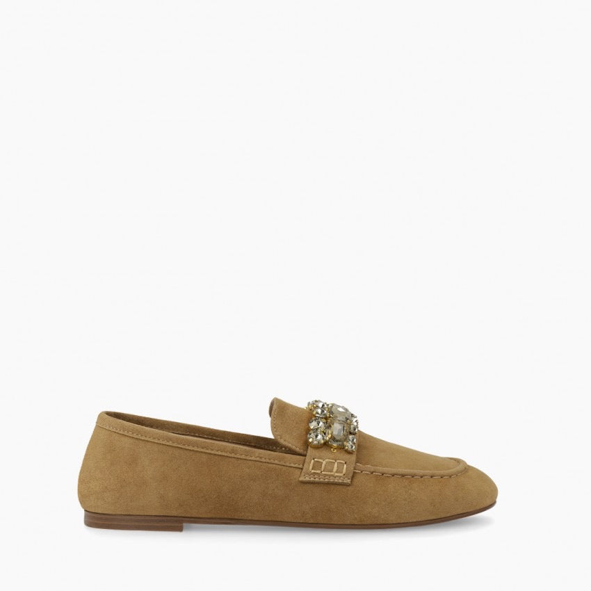 Lodi tan suede loafer with jewel detail