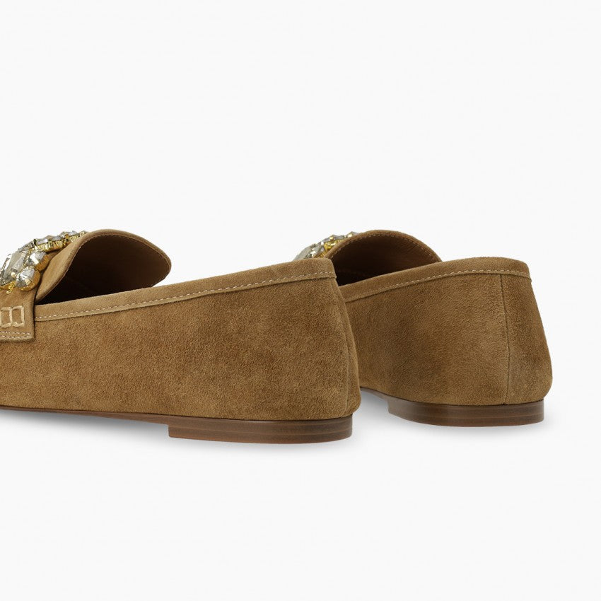 Lodi tan suede loafer with jewel detail
