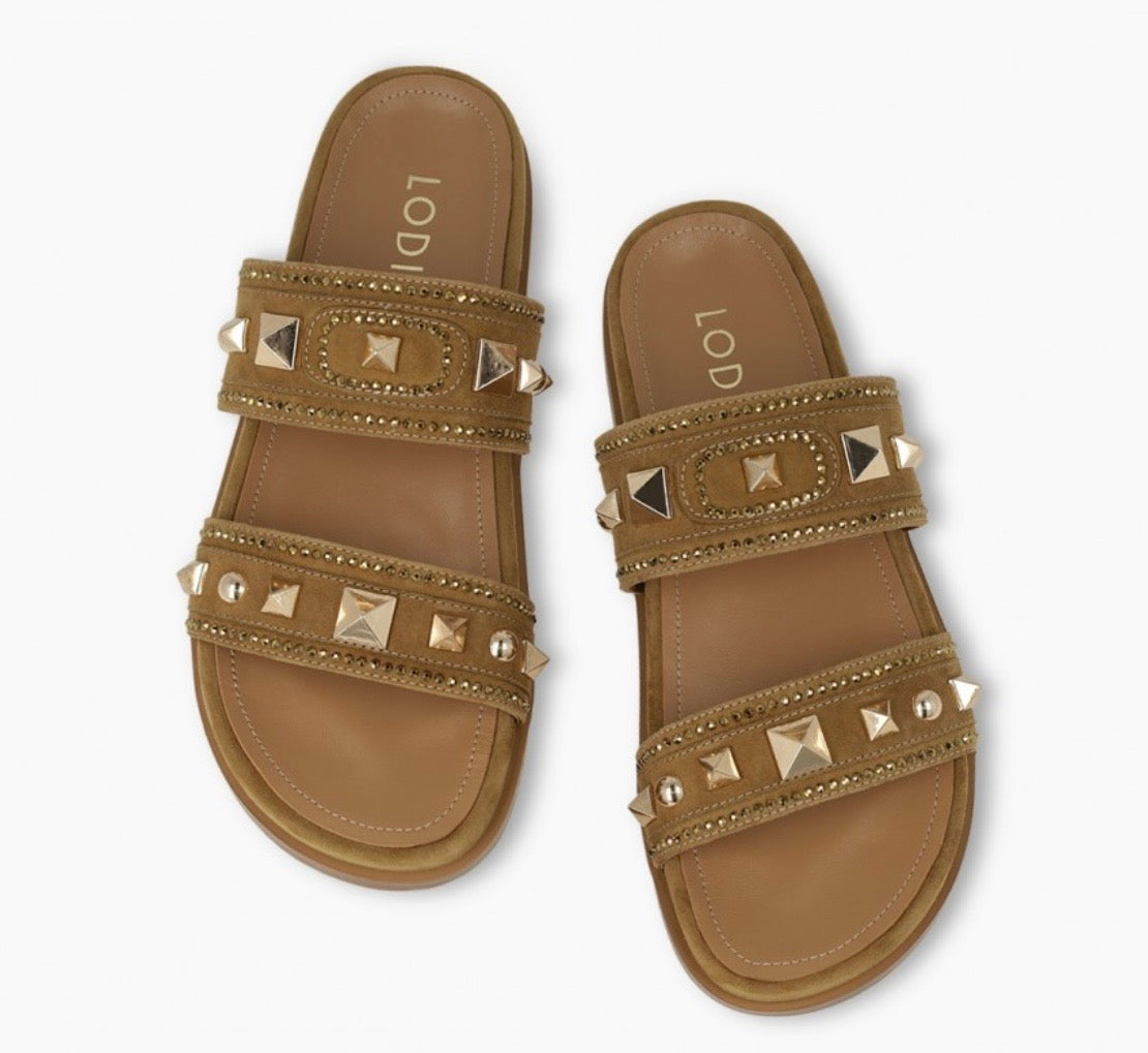 Lodi camel suede sandals with gold detailing - Melissakshoes
