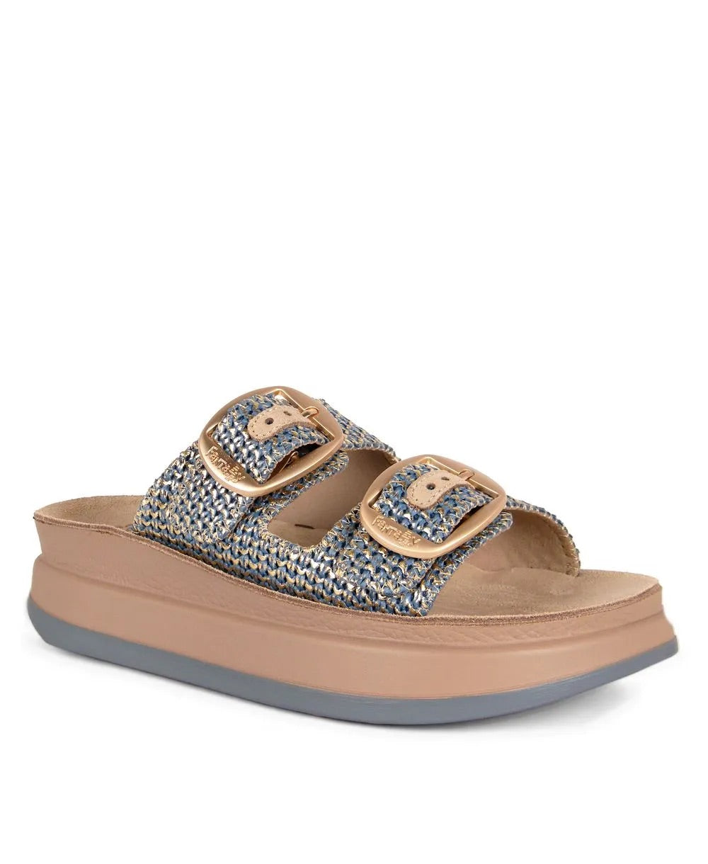 Fantasy sandals blue and gold raffia platform sandals