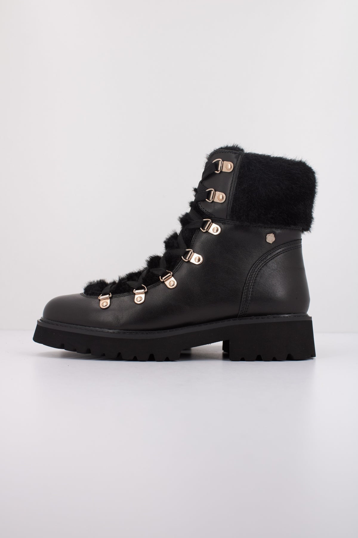 Carmela black leather lace up boots with fur