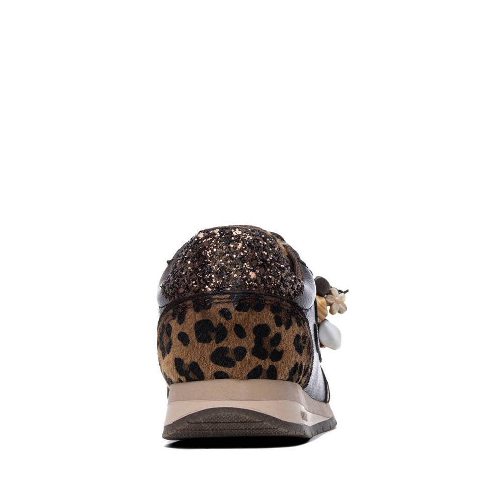 Carmela brown leather sneakers with leopard print and metallic sparkle detail