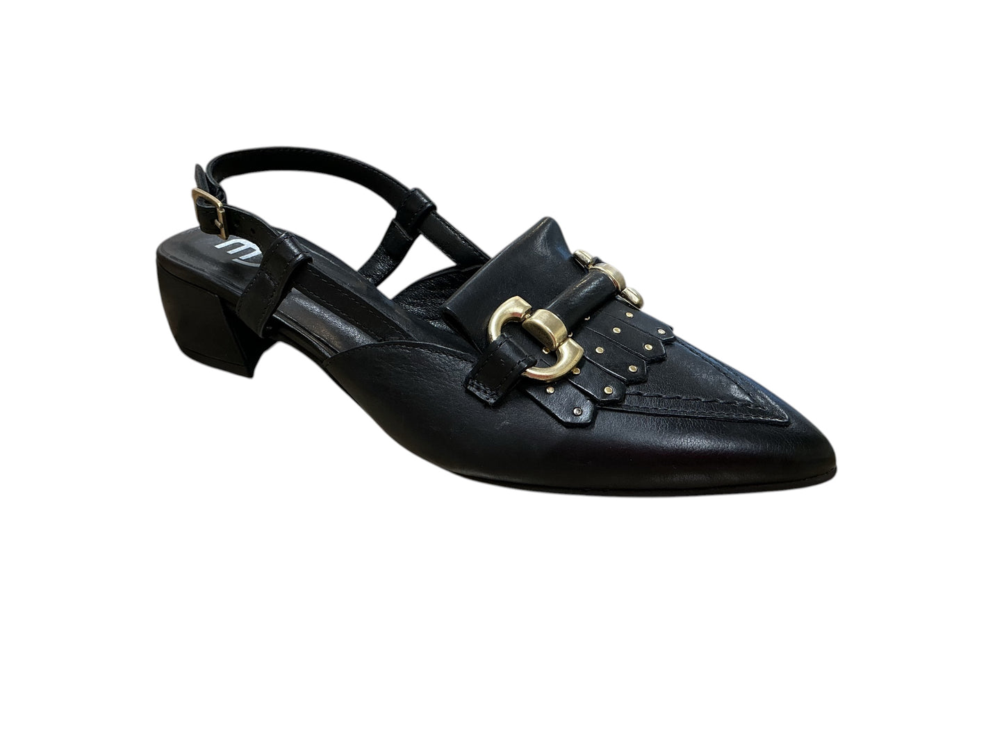 MJUS black leather slingback with fringing and snaffle detail