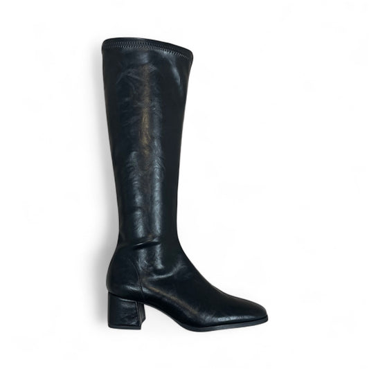 Miss Elastic black patent vegan leather stretch knee high boots