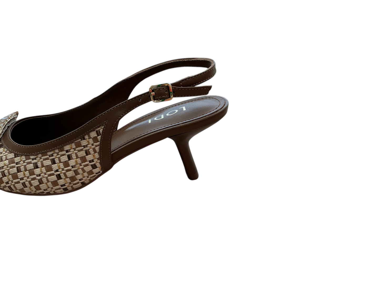 Lodi brown leather slingback with woven fabric detail