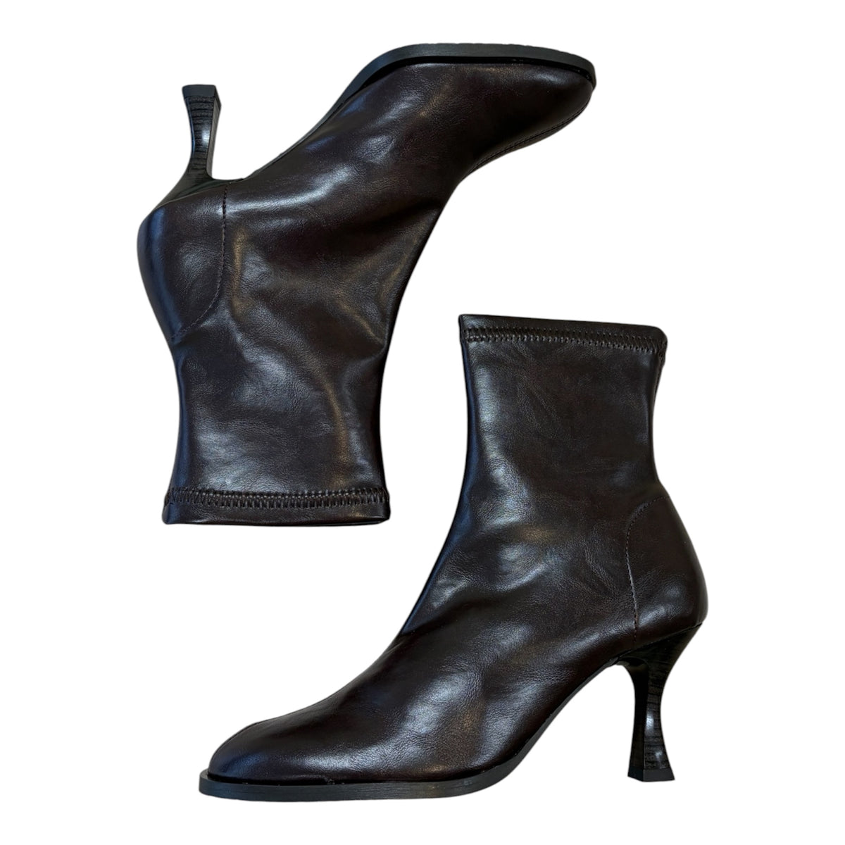 Miss Elastic chocolate brown faux leather sock boots M6