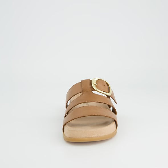 Paul green camel leather strapped slides with gold detailing - Melissakshoes