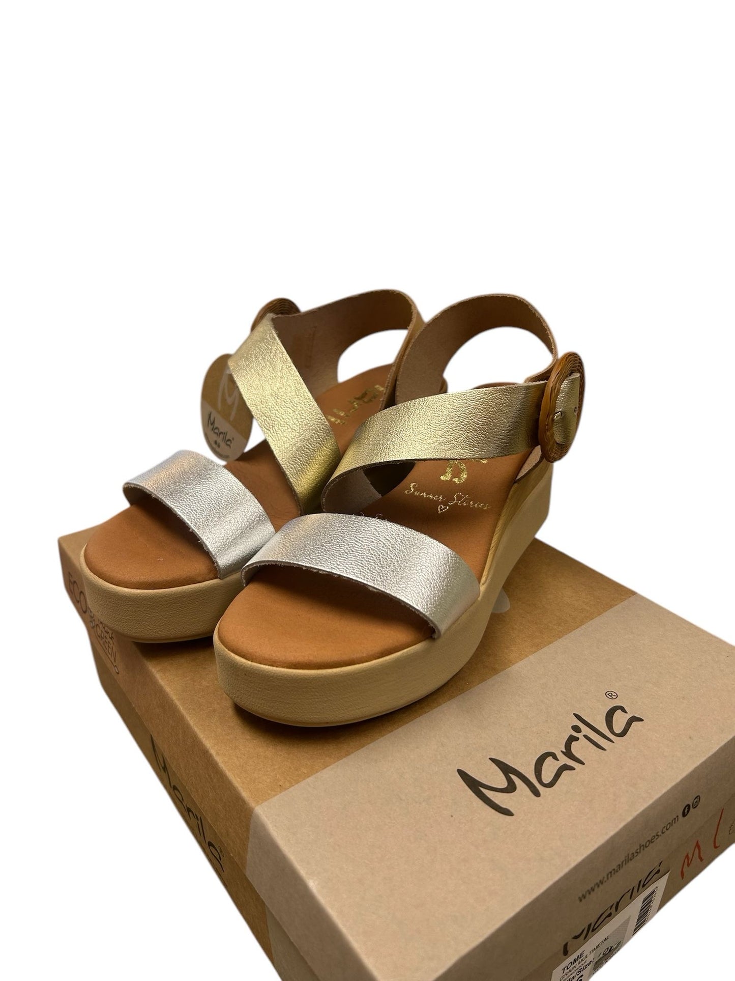 Marila silver , gold and rose gold leather wedge sandal