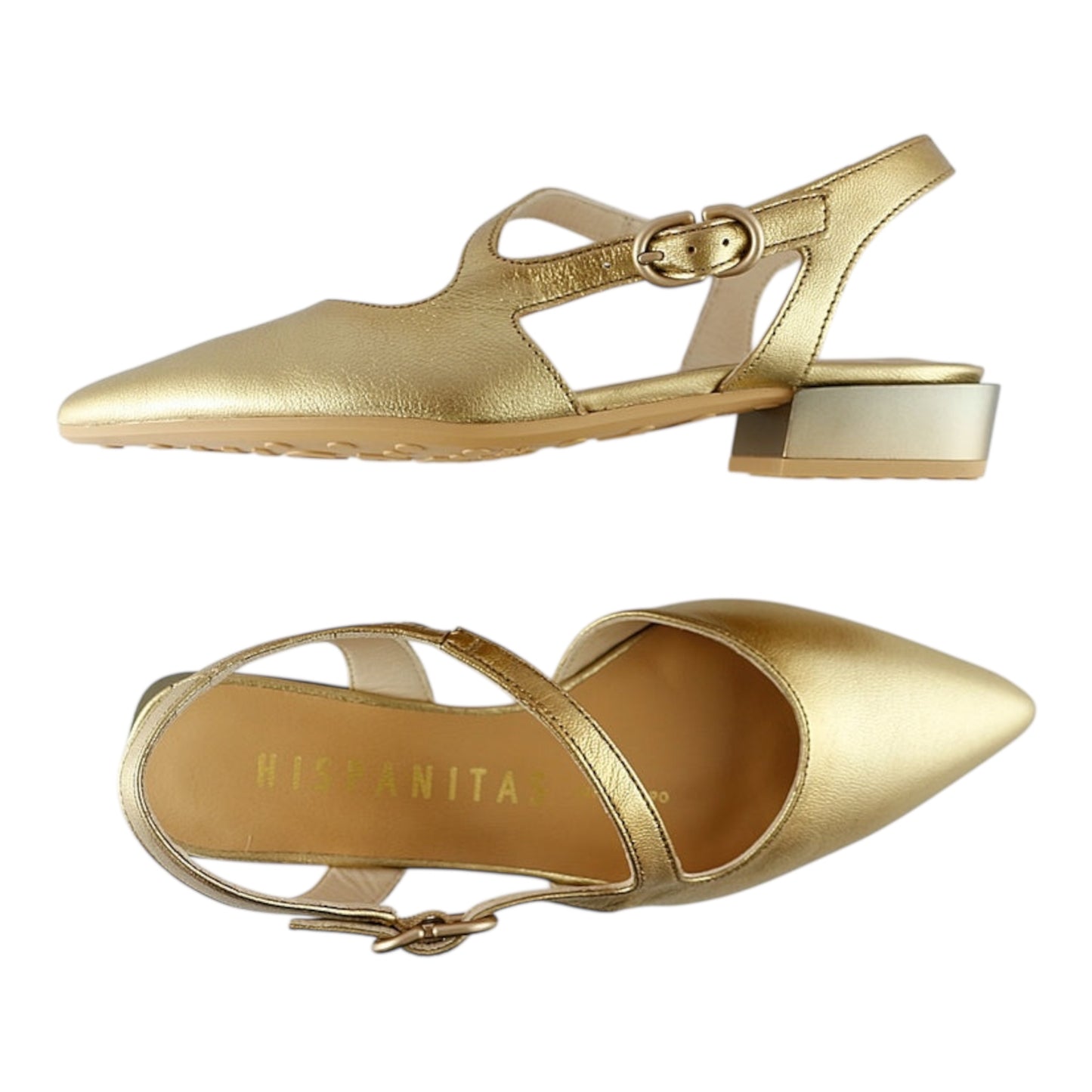 Hispanitas gold leather pointed toe slingbacks