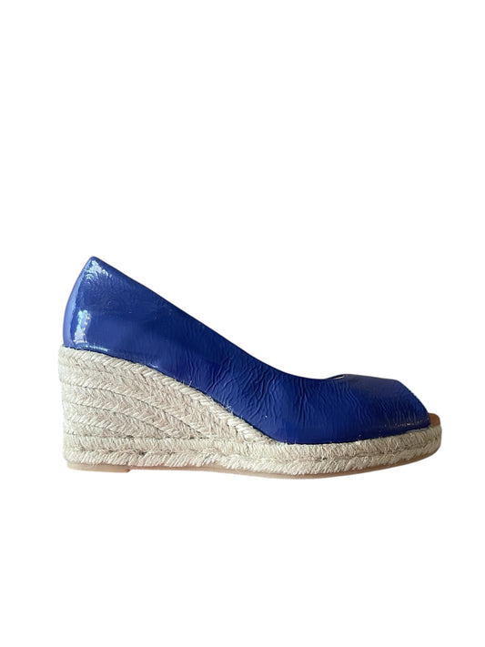 Marian blue patent leather peep toe wedge sandal