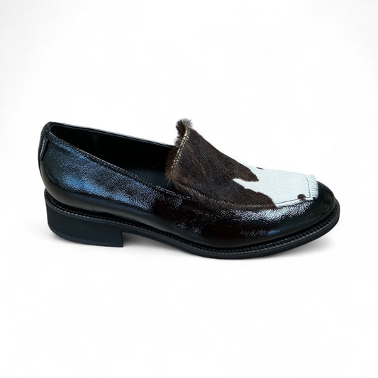 Marco Moreo black patent loafer with brown/cream pony skin effect