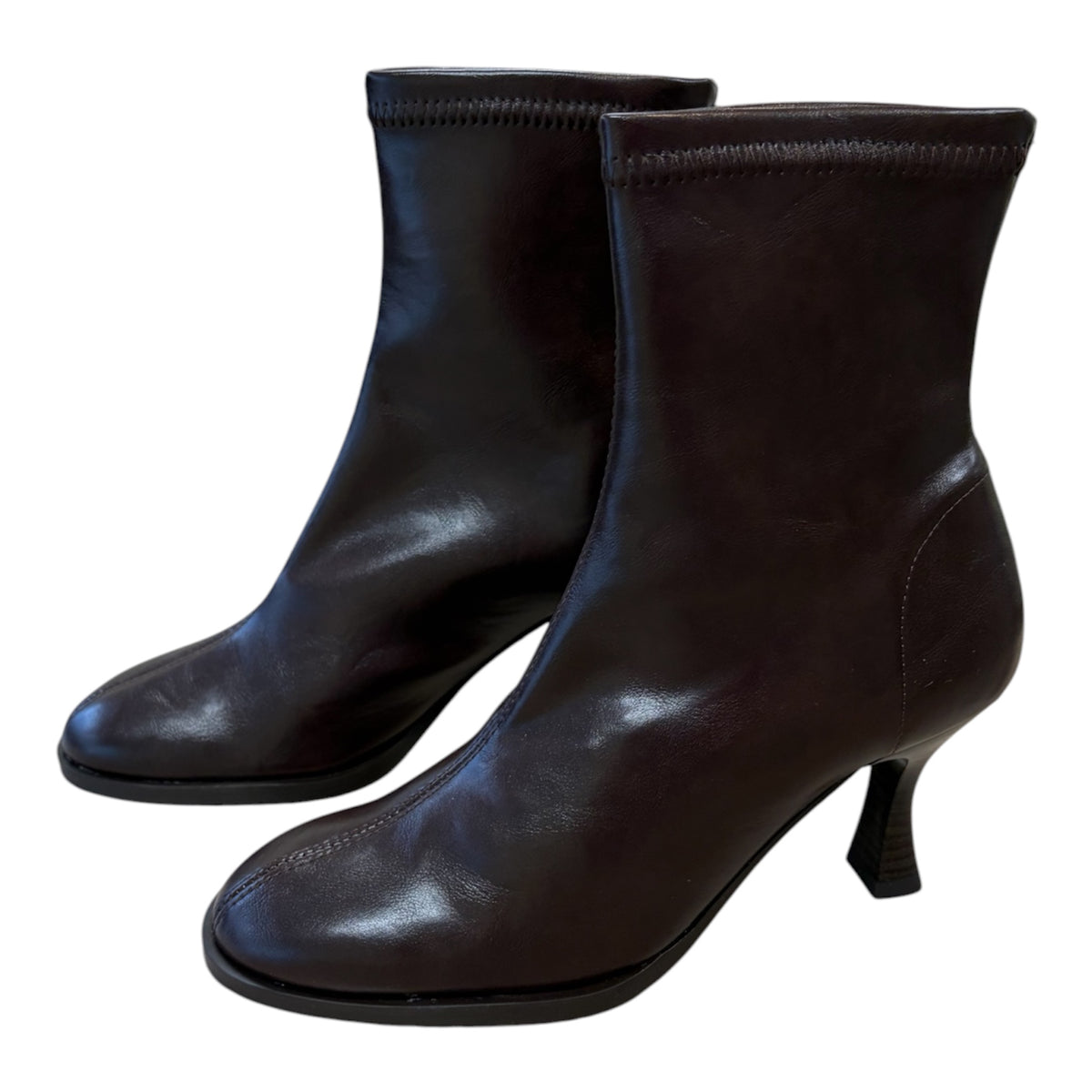 Miss Elastic chocolate brown faux leather sock boots M6