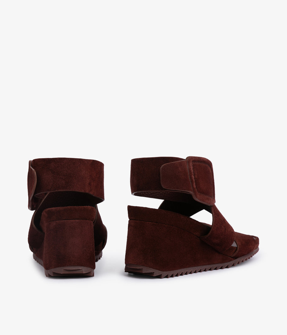 Pedro García burgundy suede wedge sandal with ankle strap