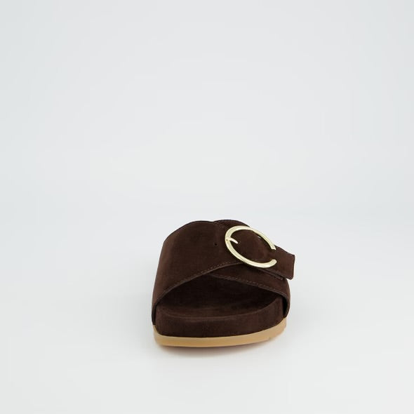 Paul green brown suede leather slide sandal with gold buckle - Melissakshoes