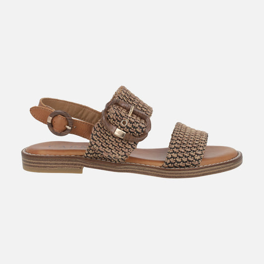 Carmela camel and black raffia and leather sandals