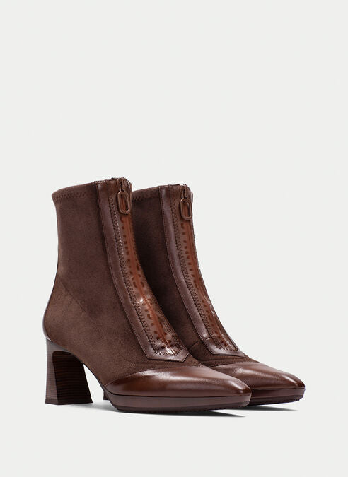 Hispanitas brown leather and stretch fabric pointed toe ankle boots