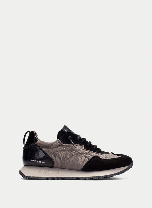 Hispanitas black and taupe leather and nylon sneakers