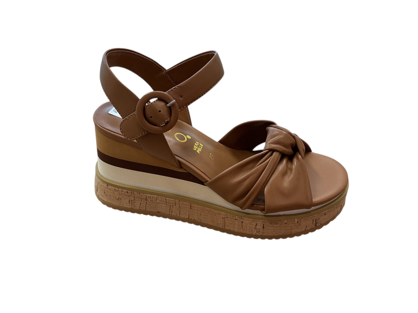 Repo tan leather wedge sandal with knot detail