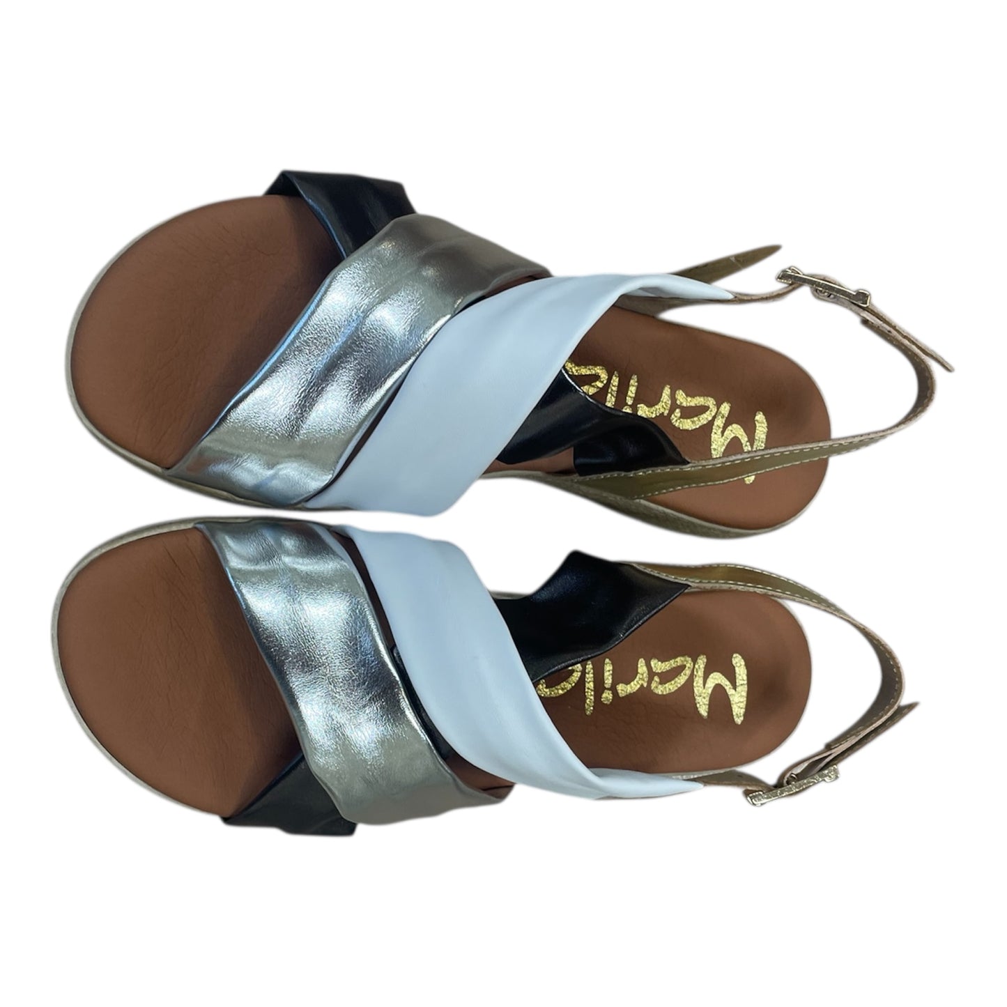 Marila white gold and black leather slingback sandals