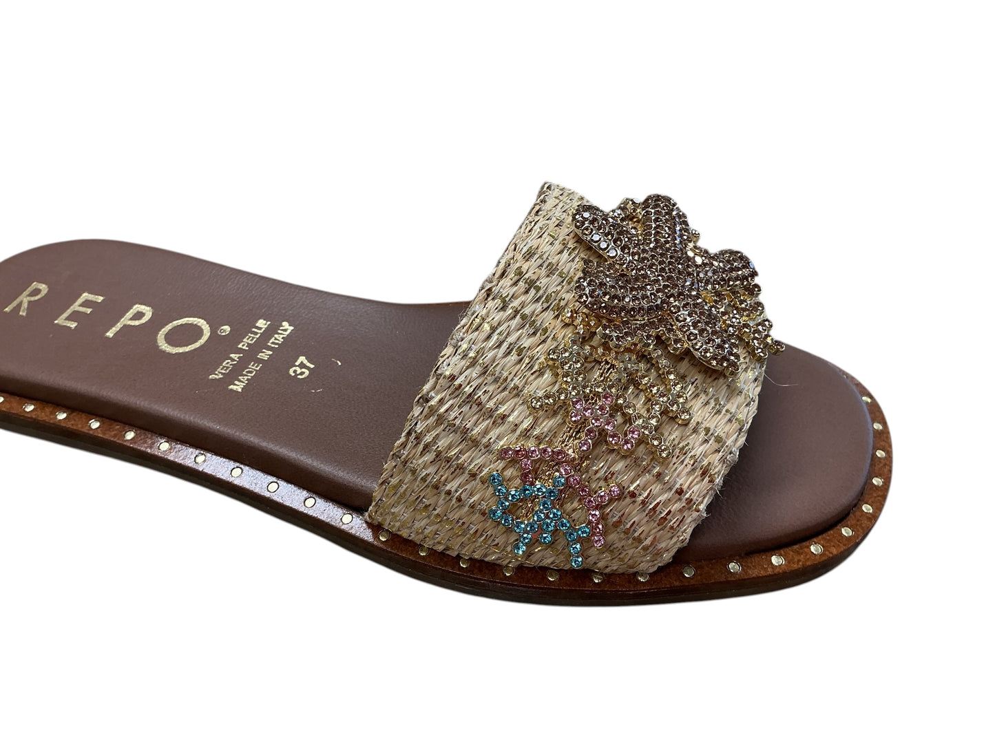 Repo beige leather raffia slide with ornate buckle detail