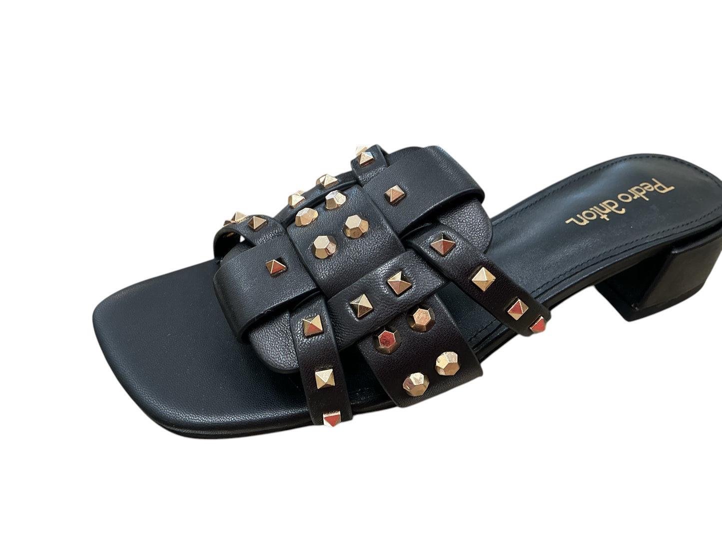 Pedro anton black woven leather slide with gold studded detail
