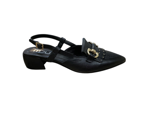 MJUS black leather slingback with fringing and snaffle detail