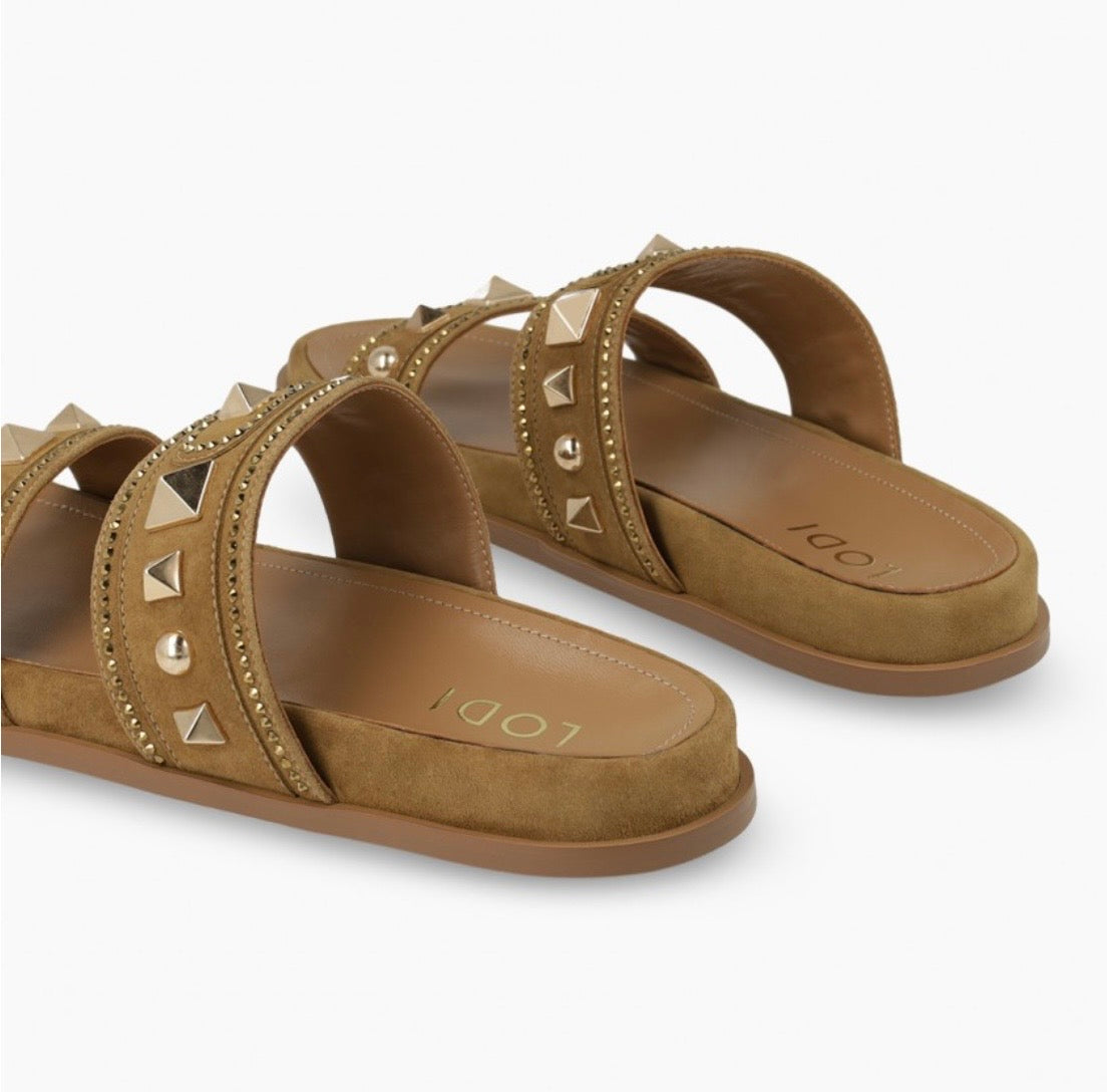Lodi camel suede sandals with gold detailing - Melissakshoes