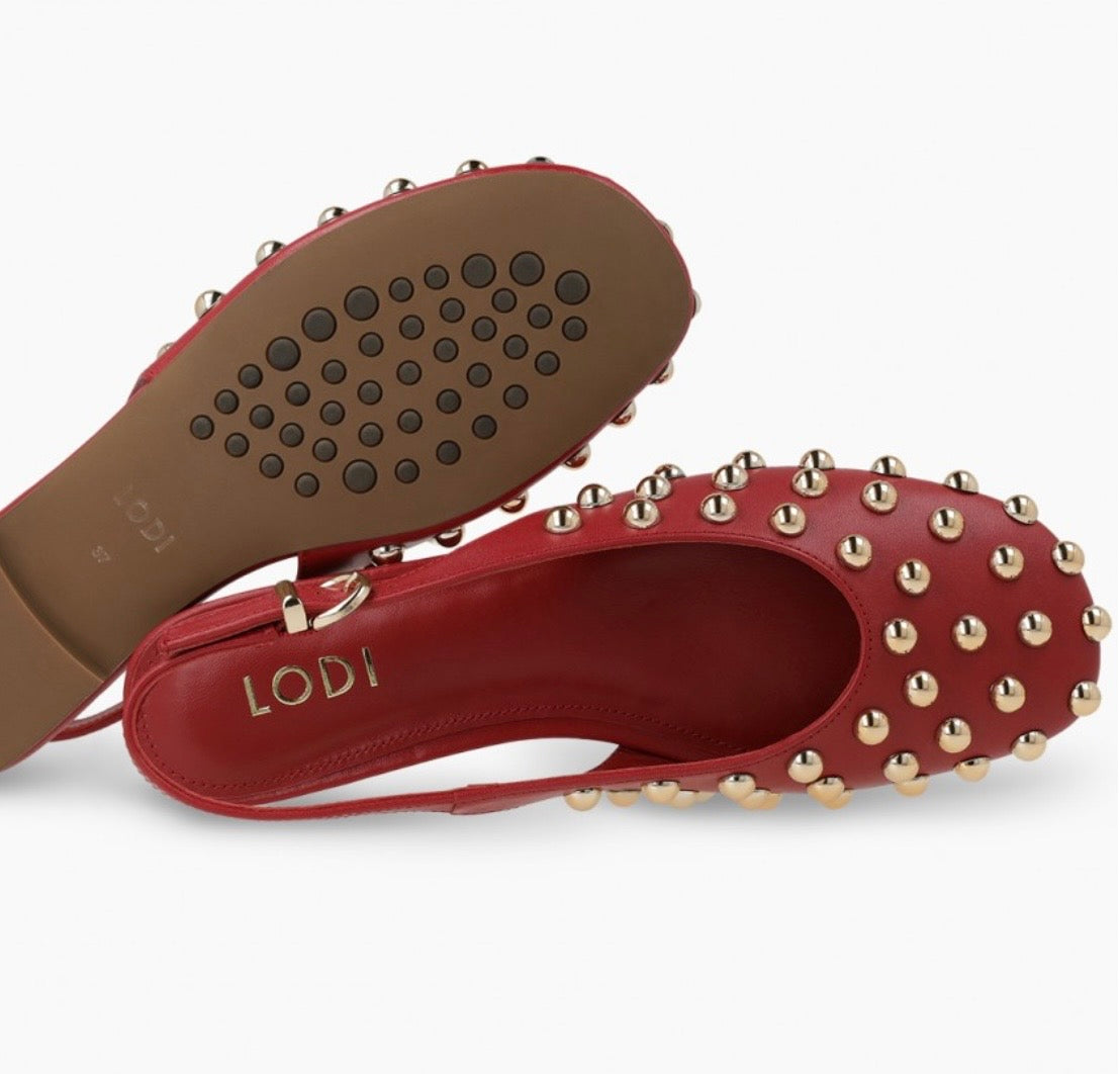 Lodi red leather ballet flat slingbacks with gold studs